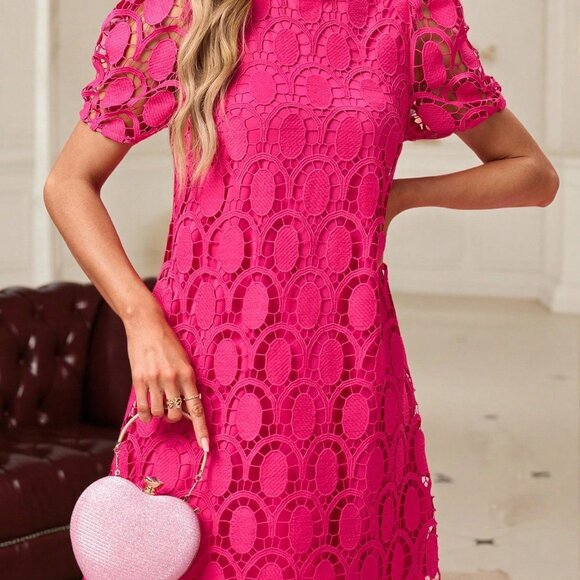 Hot Pink Elegant Women's Lace A-Line Valentine's Day Dress - Picture 4 of 7